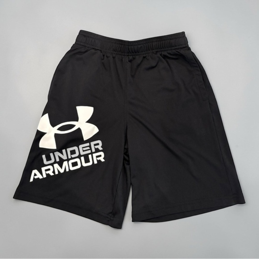 Under Armour Youth Medium (10-12) Black Athletic Shorts w/White Logo Drawstring